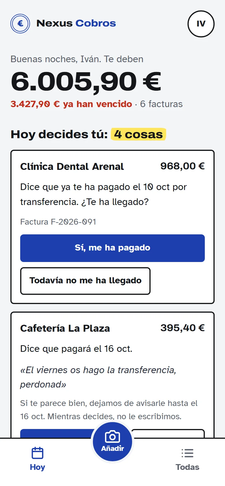 Pantalla «Hoy»: «Te deben 6.005,90 €, 3.427,90 € ya han vencido» y «Hoy decides tú: 4 cosas», con la primera tarjeta: Clínica Dental Arenal dice que ya te ha pagado por transferencia. Pulsas «Sí, me ha pagado» y la factura queda cobrada.
