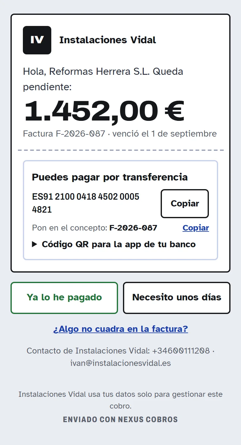 Página de pago que ve el cliente: «Hola, Reformas Herrera S.L. Queda pendiente: 1.452,00 €», con el IBAN para la transferencia y los botones «Ya lo he pagado» y «Necesito unos días». El cliente pulsa «Ya lo he pagado».