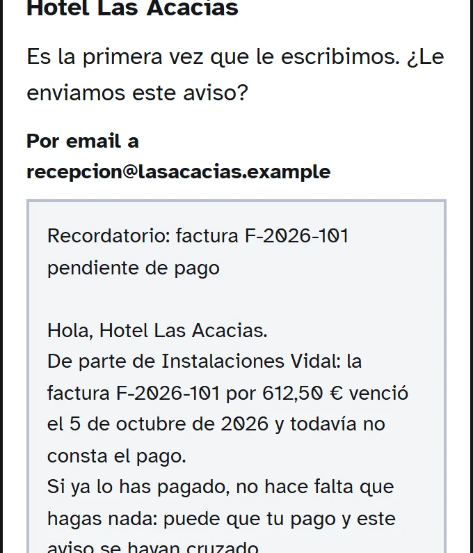 Tarjeta de «Hoy decides tú»: «Hotel Las Acacias. Es la primera vez que le escribimos. ¿Le enviamos este aviso?», con el texto del email que recibiría. Encima, el sello «Enviado» y la marca de entregado y leído.